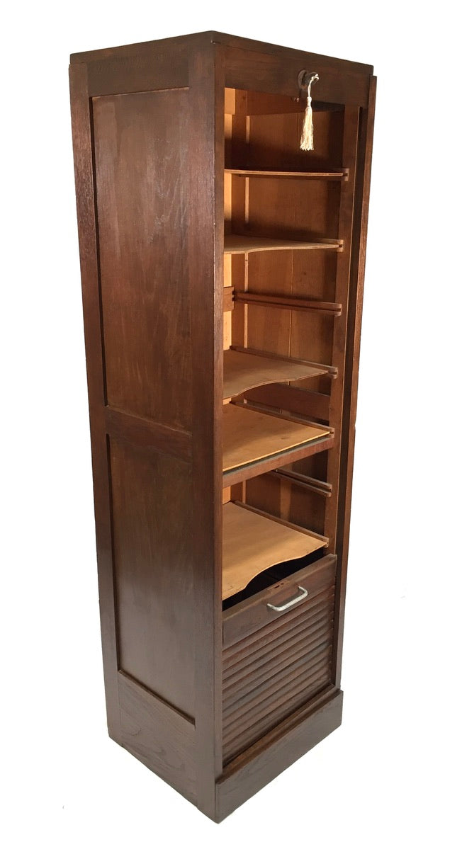 Antique 1950s Wooden Oak Tambour Fronted Office Paper Filing Cabinet with Key