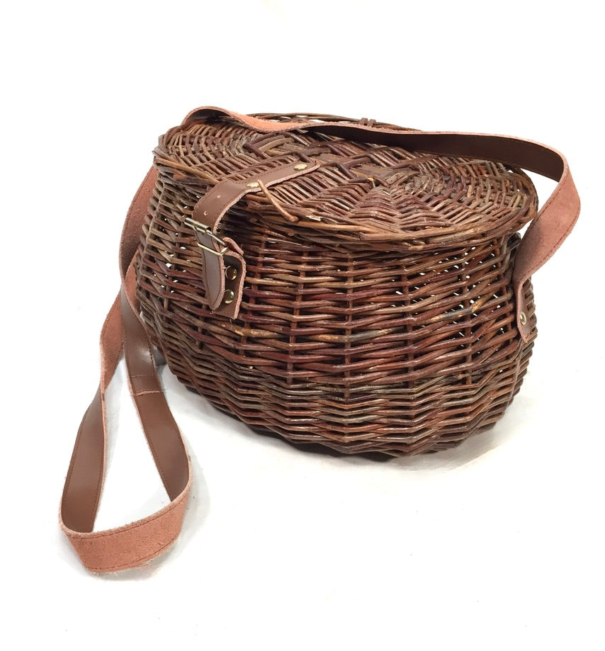 Vintage Wicker Fishing Creel Basket Hamper With Strap / Storage Bin 1960 Antique