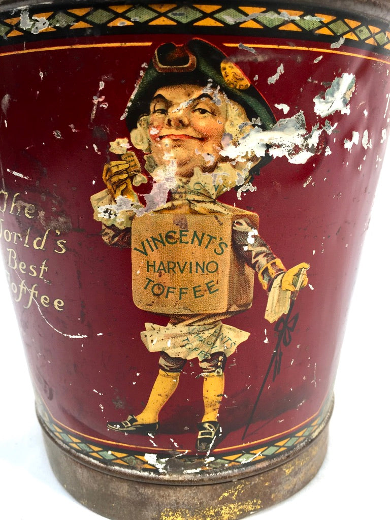 Antique Advertising 1920s Vincents Harvino Dainty Pieces Toffee Tin Bucket Shape