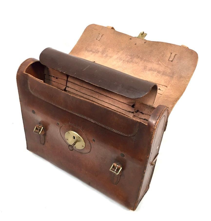 Antique Mid 20th Century Brown Leather Lloyds Bank Briefcase Bag With Key c1950