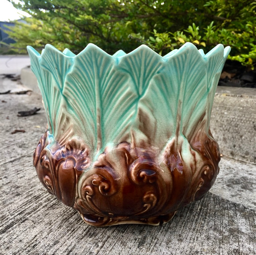 Antique New Leaf Green & Brown Pottery Majolica Planter Indoor Plant Pot 1900