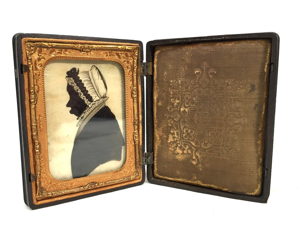 Antique Victorian Ambrotype Silhouette Portrait Wooden Carved Travel Case c.1850