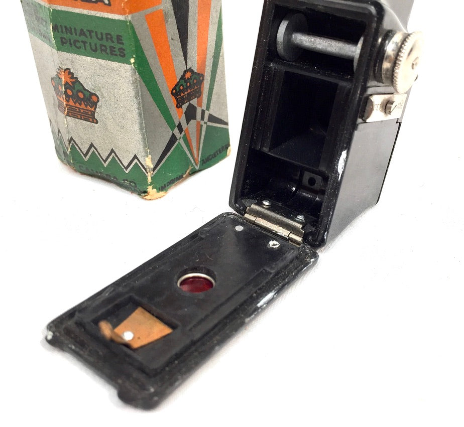 Antique Art Deco Coronet Black Midget Subminiature Camera in Original Box c.1930