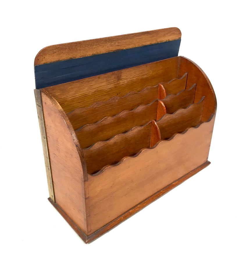 Antique 1920s Wooden Oak Desktop Tambour Fronted Letter Rack / Stationery Holder