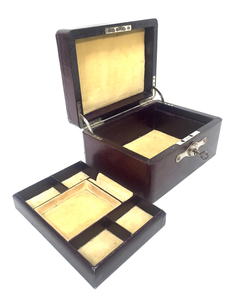 Antique Edwardian Leather Jewellery / Trinket Box with Key &amp; Working Lock c.1910
