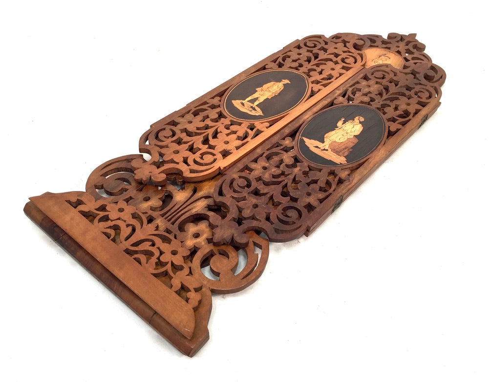 Antique Tabletop Hand Carved Wooden Sorrento Ware Triptych Vanity Mirror c.1900