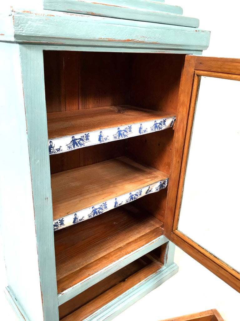 Antique Blue Painted Pine Wooden Tabletop Cabinet / Wall Storage Shelf Box c1950
