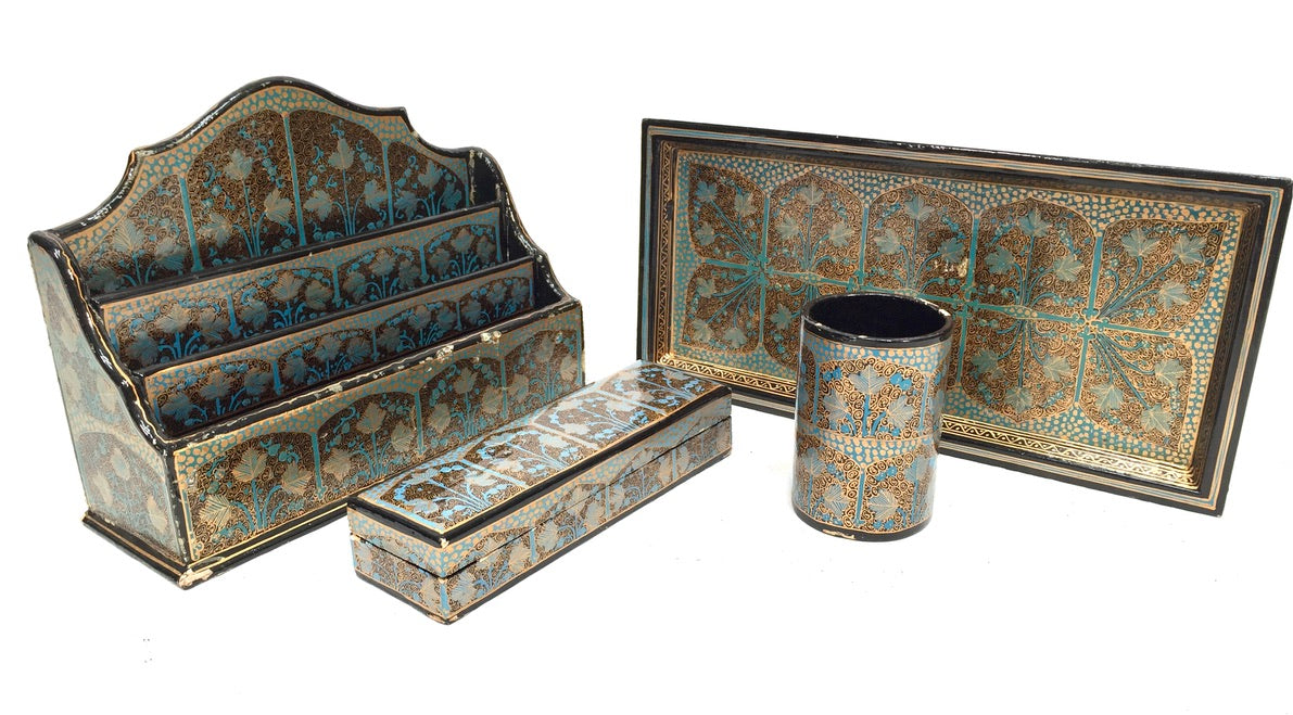 Vintage Wood 4 Piece Kashmir Desk Set Letter Rack / Stationery Tray / Pen Holder
