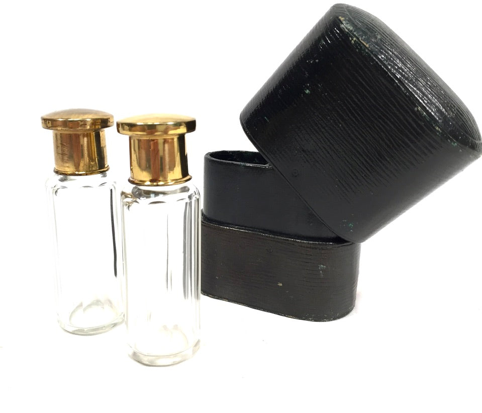 Antique Glass Fragrance / Perfume Scent Bottles in Leather Travel Case c.1930