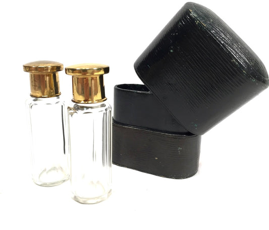 Antique Glass Fragrance / Perfume Scent Bottles in Leather Travel Case c.1930