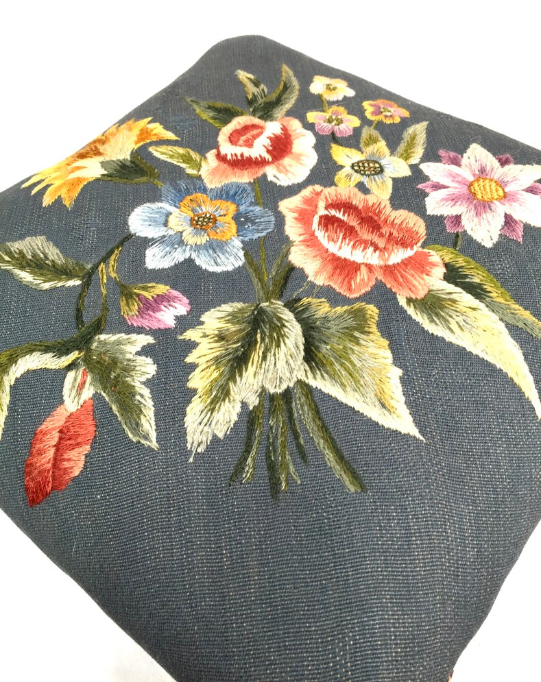 Antique Pair of Wooden Edwardian Floral Needlepoint Footstools / Feet Rests 1910