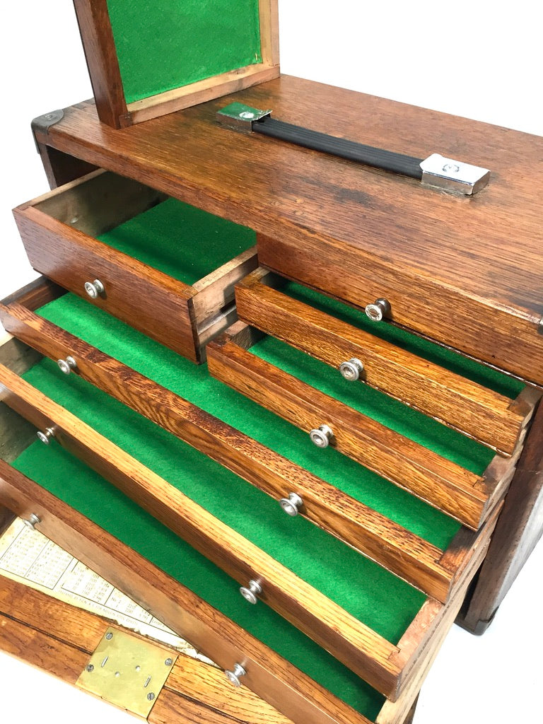 Antique Wooden Engineers Toolbox Tool Box Collectors Cabinet by Neslein with Key