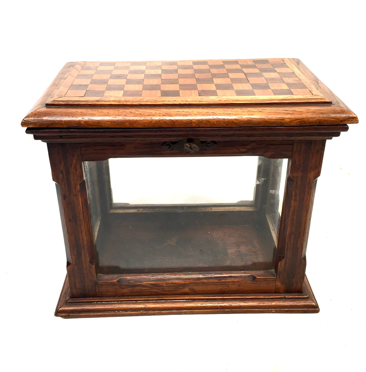 Antique Wooden Oak & Glass Display Box Cabinet / Checkerboard Inlaid Top c.1930