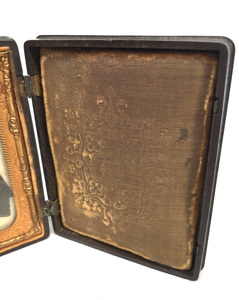 Antique Victorian Ambrotype Silhouette Portrait Wooden Carved Travel Case c.1850