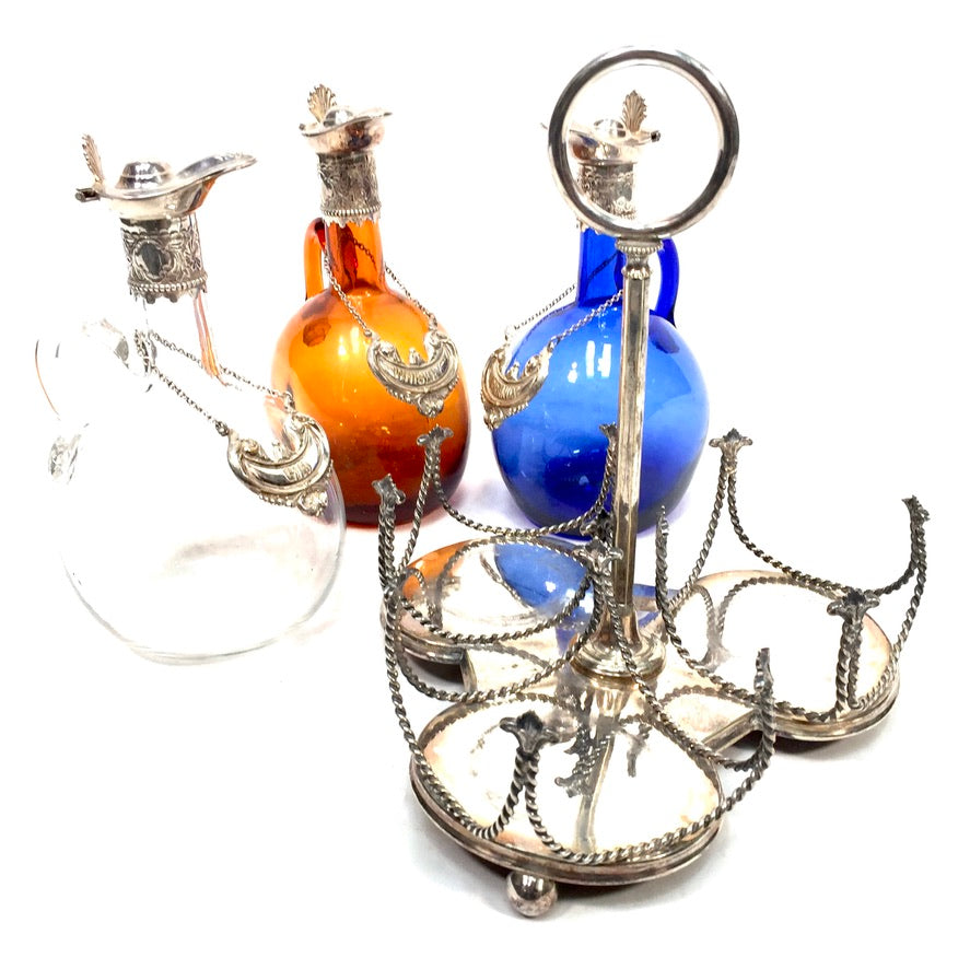 Antique Victorian Blue, Brown and Clear Glass Flagon Decanter Set Display Stand