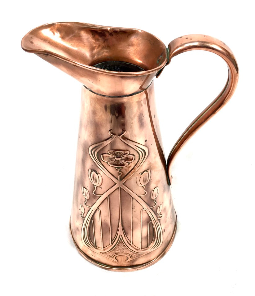 Antique Art Nouveau Joseph Sankey Embossed Floral Copper Pitcher / Large Jug
