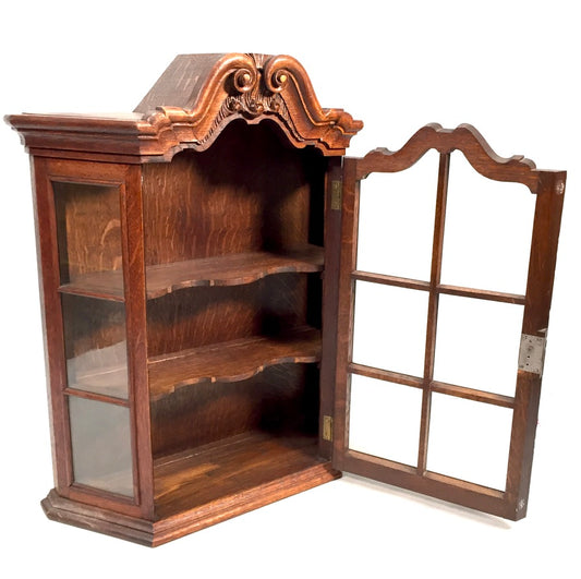 Antique Wooden Oak & Glass Wall Hanging Display Cabinet Storage Shelf with Key