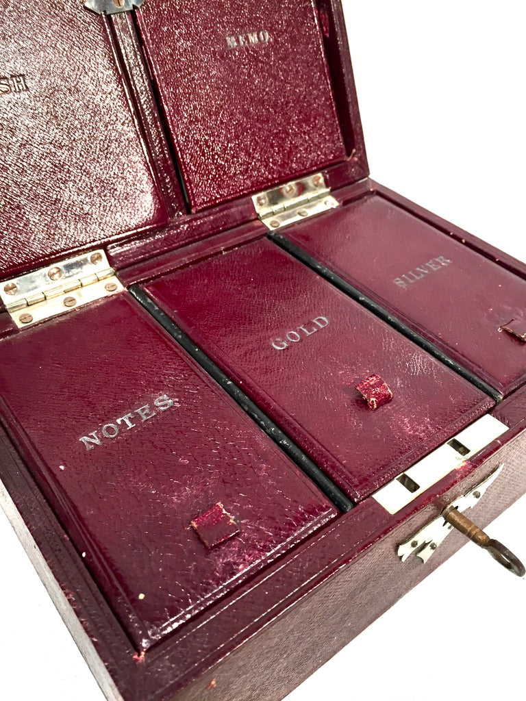 Antique Edwardian Leather Tabletop Cash Box / Jewellery Cabinet with Key c.1910
