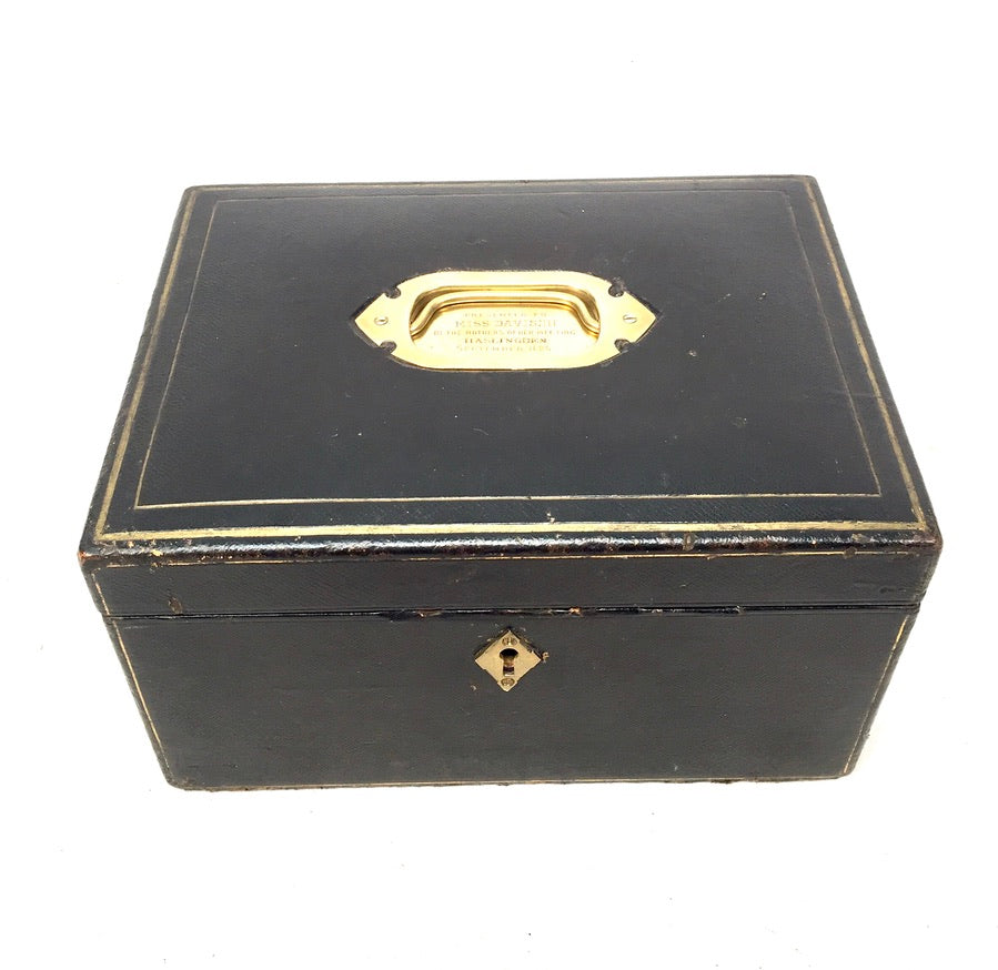 Antique 19th Century Black Leather & Brass Jewellery Trinket Storage Box c.1880