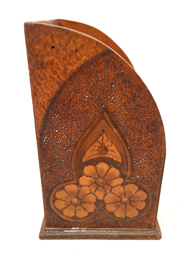 Antique Wooden Desktop Letter Rack / Stationery Holder with Poker Work Design