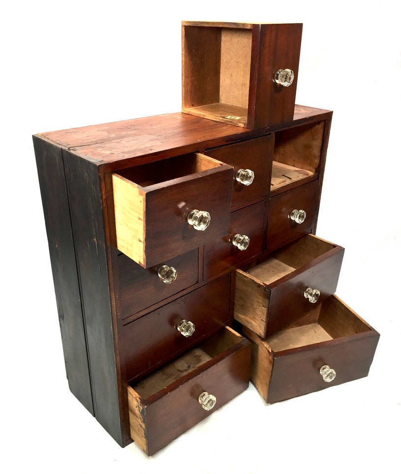 Antique Tabletop Victorian Apothecary Shop Chest of Drawers Cabinet Glass Handle