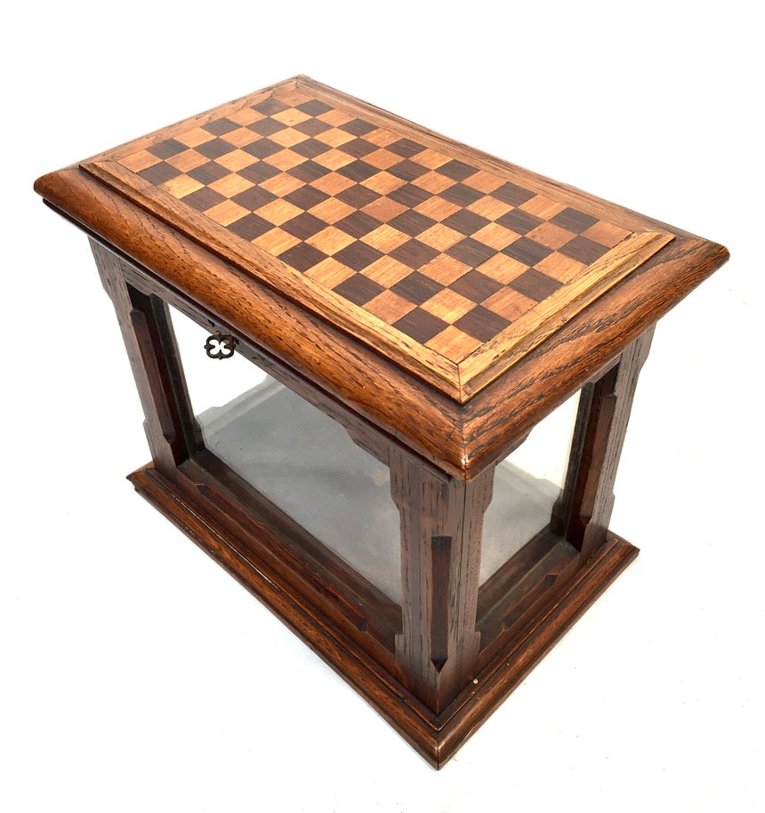 Antique Wooden Oak & Glass Display Box Cabinet / Checkerboard Inlaid Top c.1930