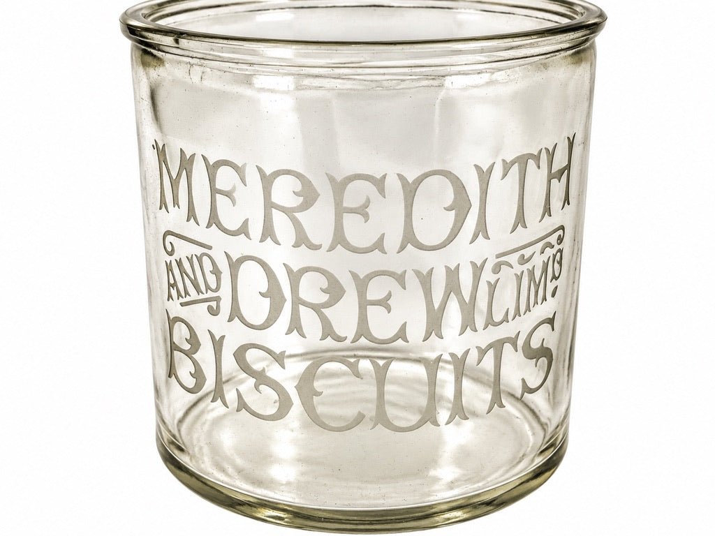 Antique Advertising - Shop Display Glass Meredith & Dew Biscuit Jar with Lid