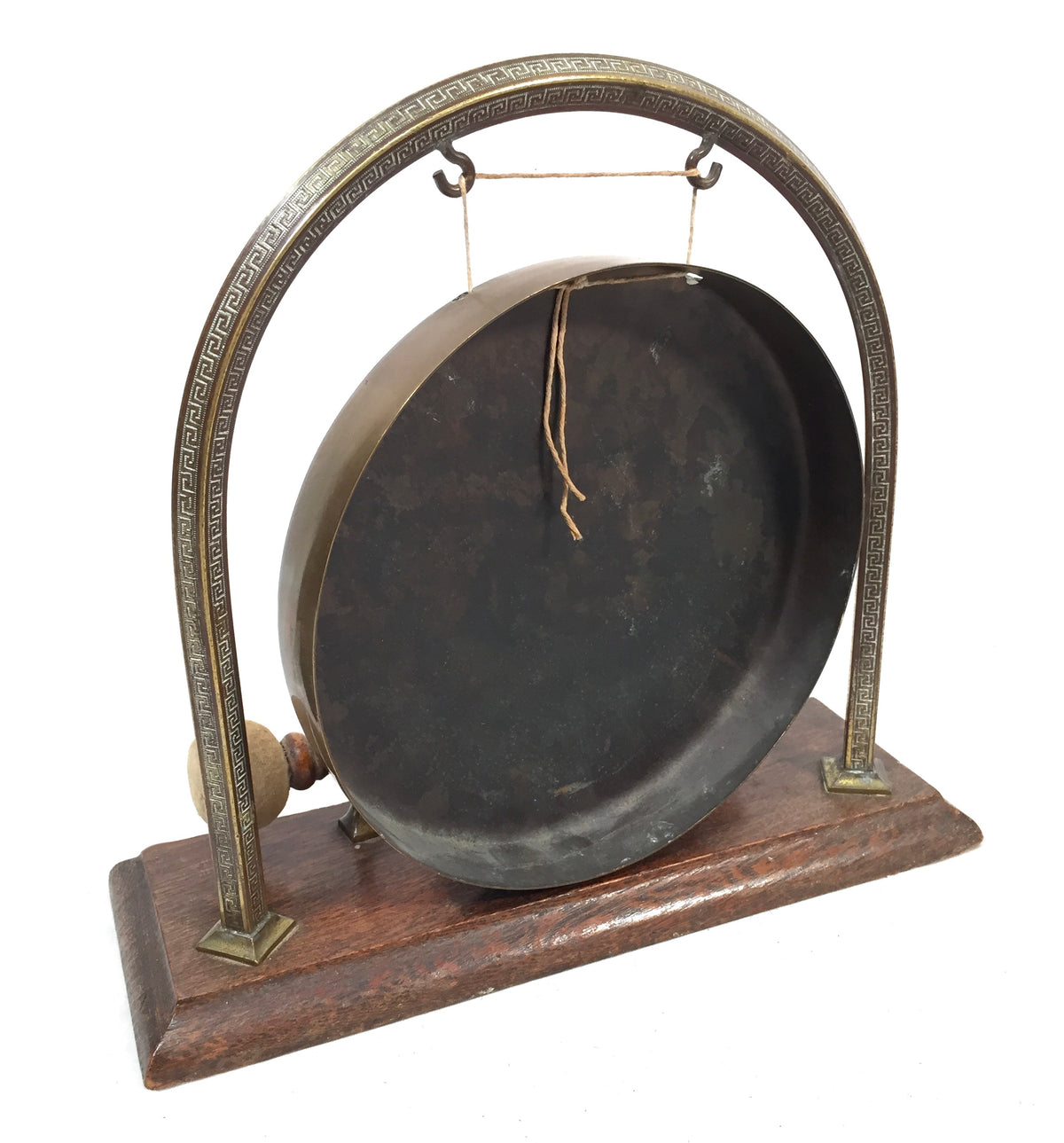 Vintage Tabletop Stag Design Brass Dinner Gong Oak Stand & Mallet Antique c.1950