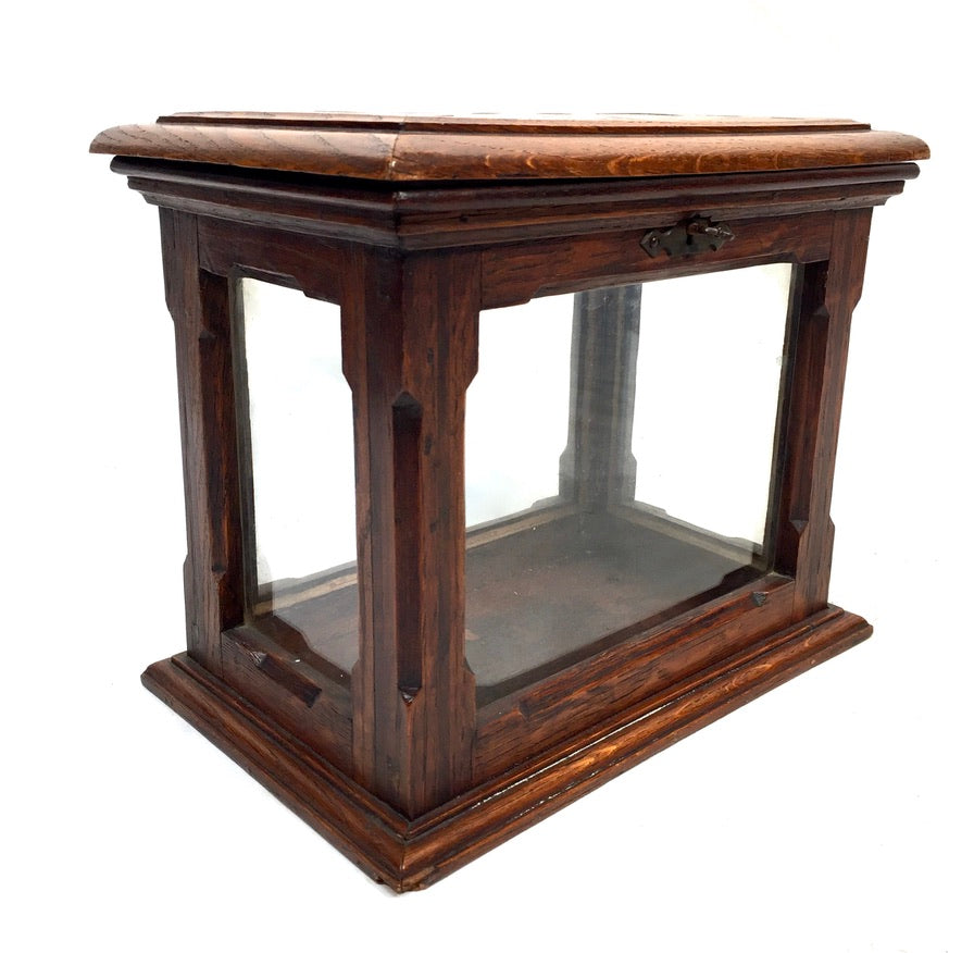 Antique Wooden Oak & Glass Display Box Cabinet / Checkerboard Inlaid Top c.1930