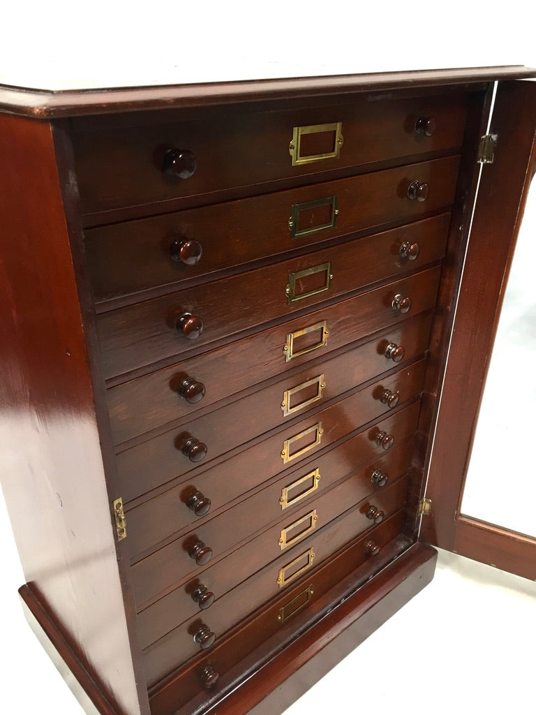 Antique Victorian Mahogany & Glass Specimen Collectors Filing Drawer Cabinet