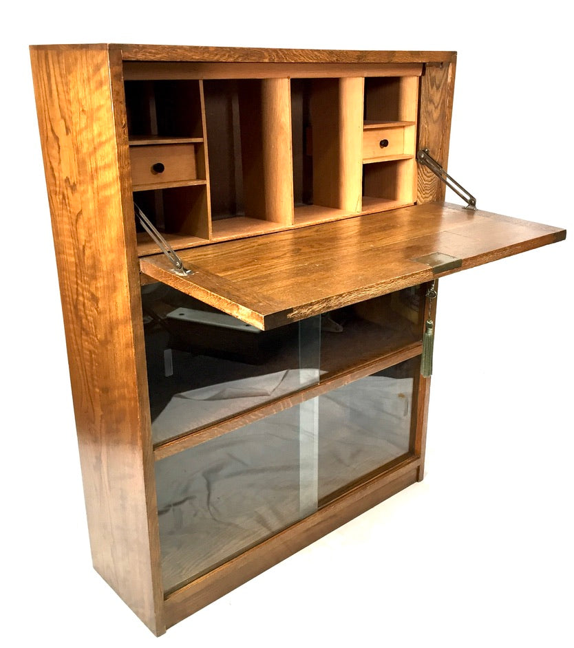 Antique Wooden Oak Bookcase Shelf and Bureau Combination / Mid Century / Key