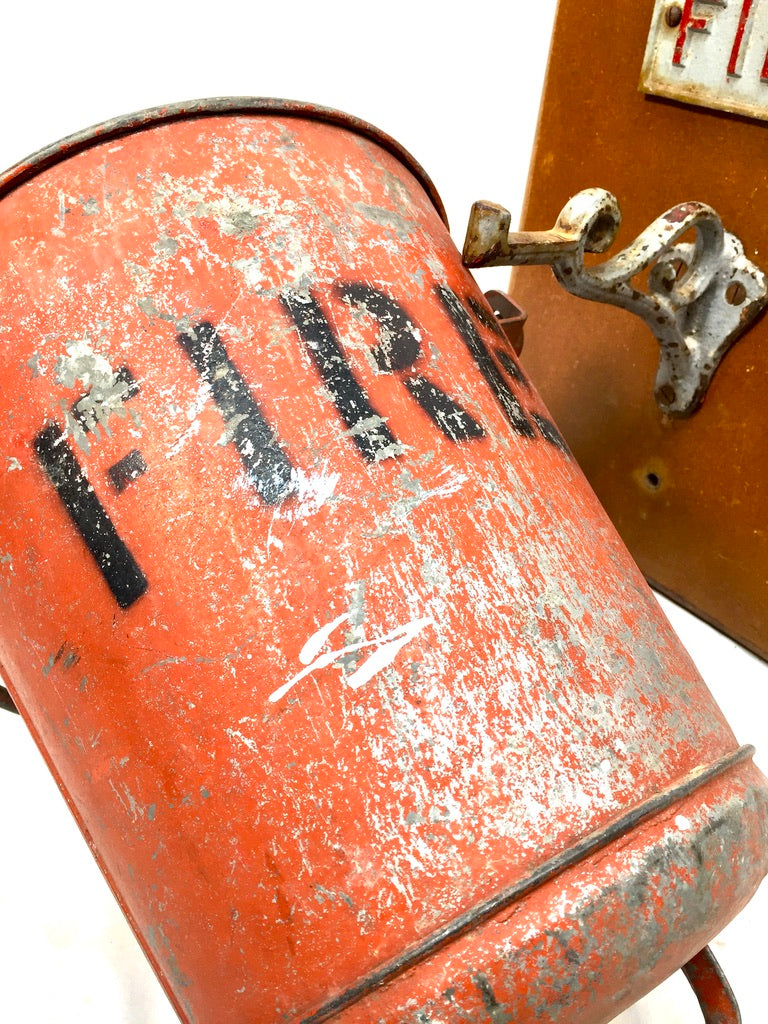 Antique Red Galvanised Fire Bucket & Handle / Original Wooden Wall Bracket Sign