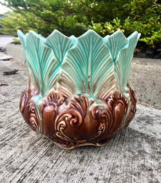 Antique New Leaf Green & Brown Pottery Majolica Planter Indoor Plant Pot 1900