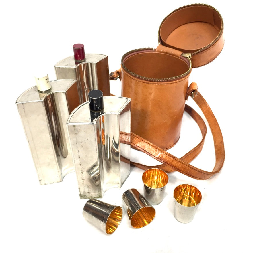 Antique Deco Metal Bottle Hip Flask Set in Original Leather Travel Case c.1930