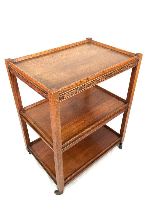 Antique Arts & Crafts Wooden Oak Tea Trolley / Bar Cart Side Table c.1930