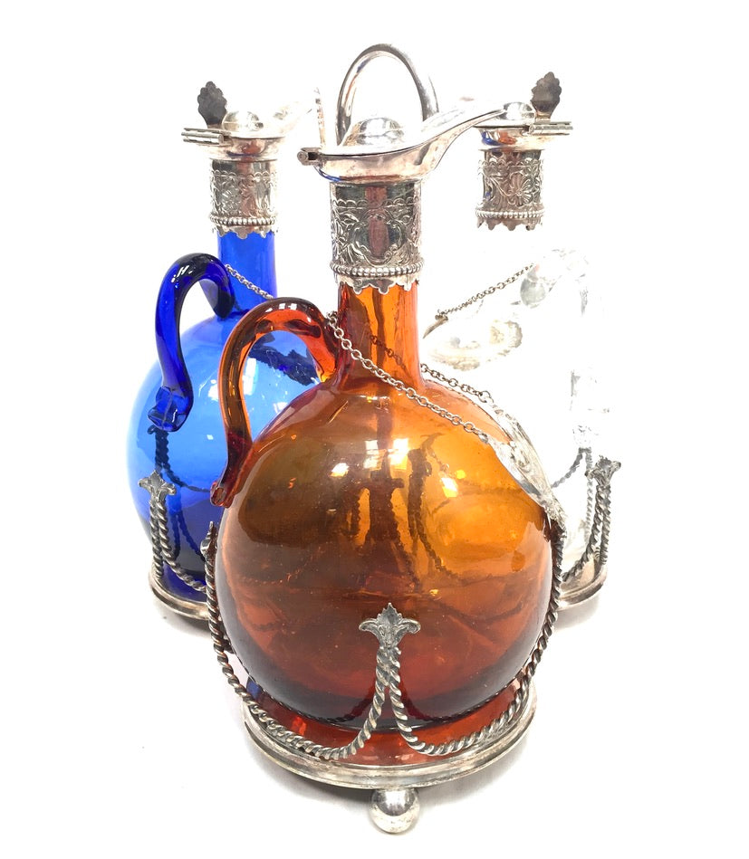 Antique Victorian Blue, Brown and Clear Glass Flagon Decanter Set Display Stand