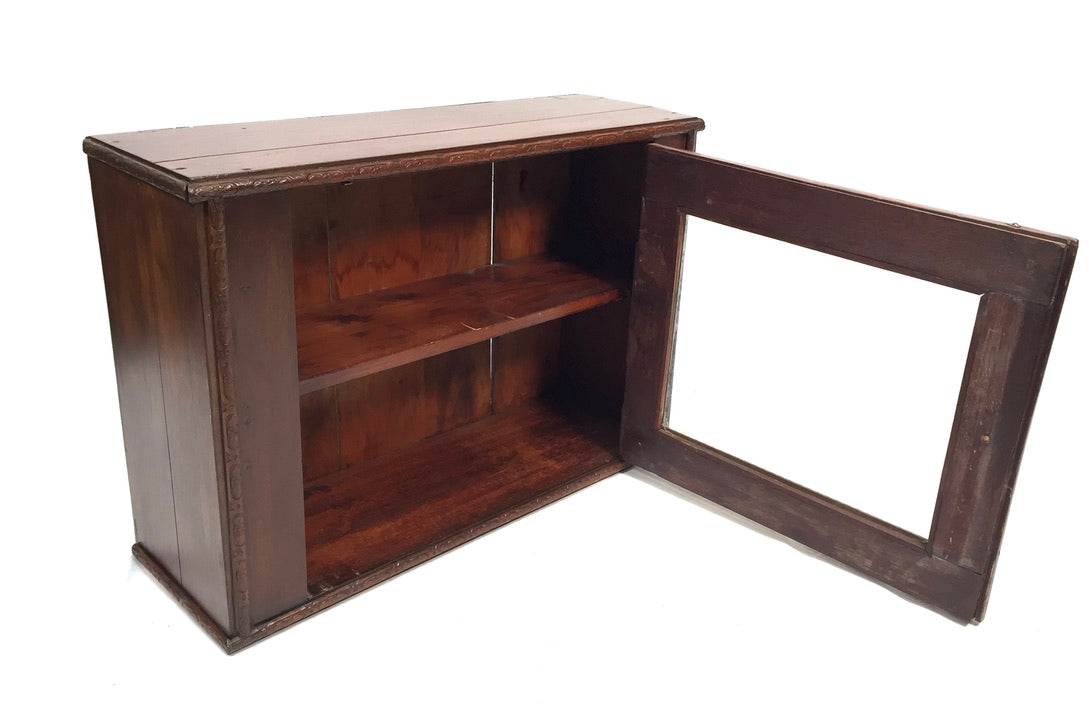 Antique Wooden & Glass Fronted Tabletop Cupboard / Wall Storage Box Cabinet