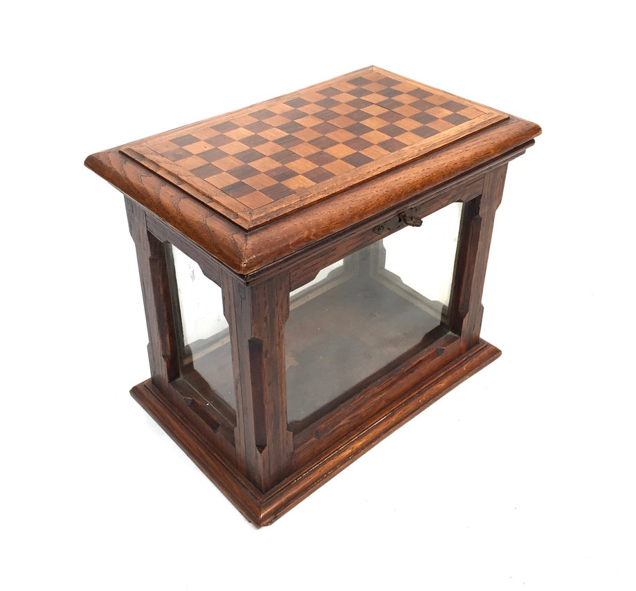 Antique Wooden Oak & Glass Display Box Cabinet / Checkerboard Inlaid Top c.1930