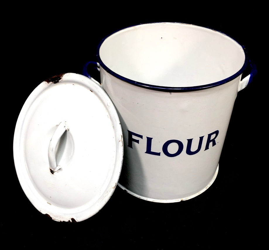 Antique Kitchenalia White & Blue Large Enamel Flour Bin & Lid Storage Box c.1950