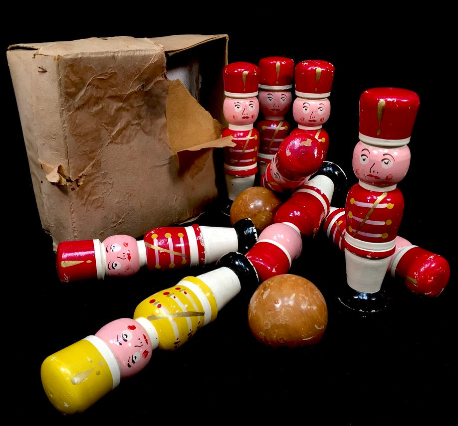Antique Complete Set French Hand Painted Wooden Soldier Bowling Skittles & Balls