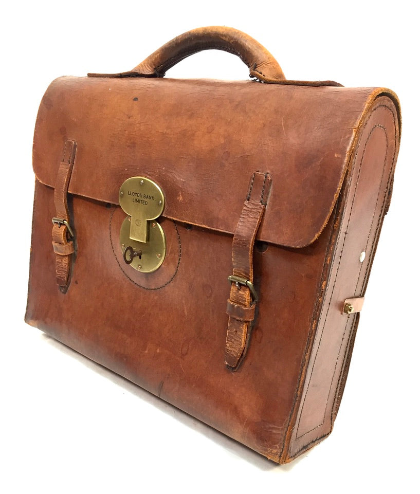 Antique Mid 20th Century Brown Leather Lloyds Bank Briefcase Bag With Key c1950