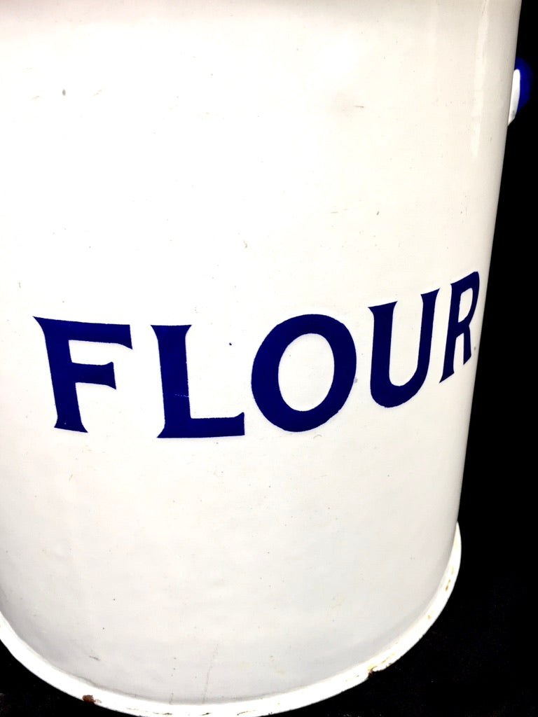 Antique Kitchenalia White & Blue Large Enamel Flour Bin & Lid Storage Box c.1950