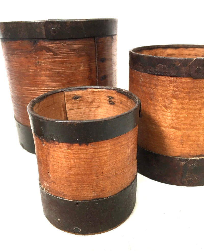Antique Bentwood & Iron Set of 4 Grain Measuring Pots / Storage Cups c.1890