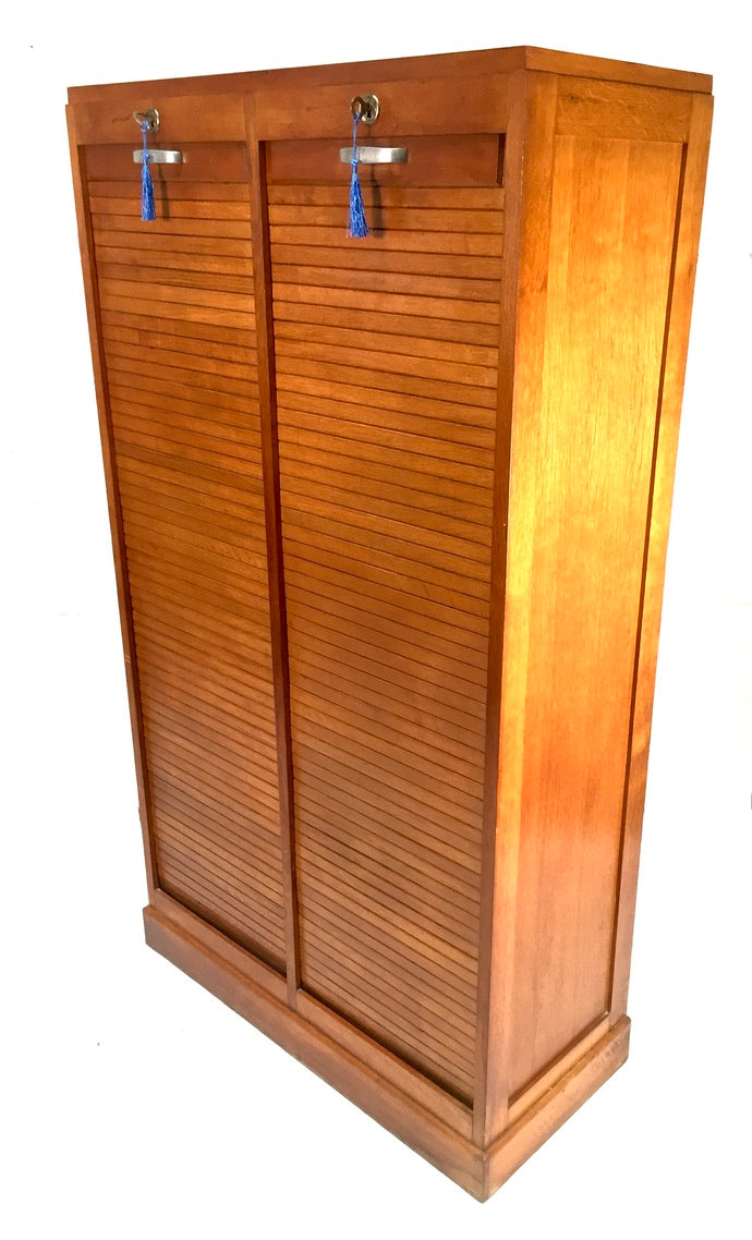 Antique 1950s Wood Oak Double Tambour Fronted Office Paper Filing Cabinet & Keys