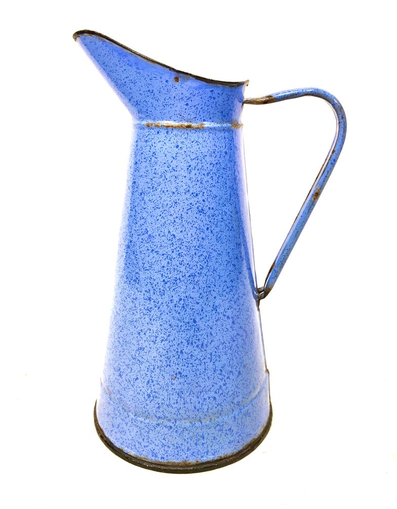 Antique Large Farmhouse Rustic Style Blue Mottled Enamel Pitcher / Flower Jug