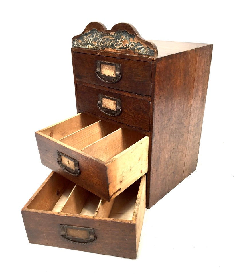 Antique Advertising - Oak Wooden Tabletop Haberdashery Shop Drawers c.1900