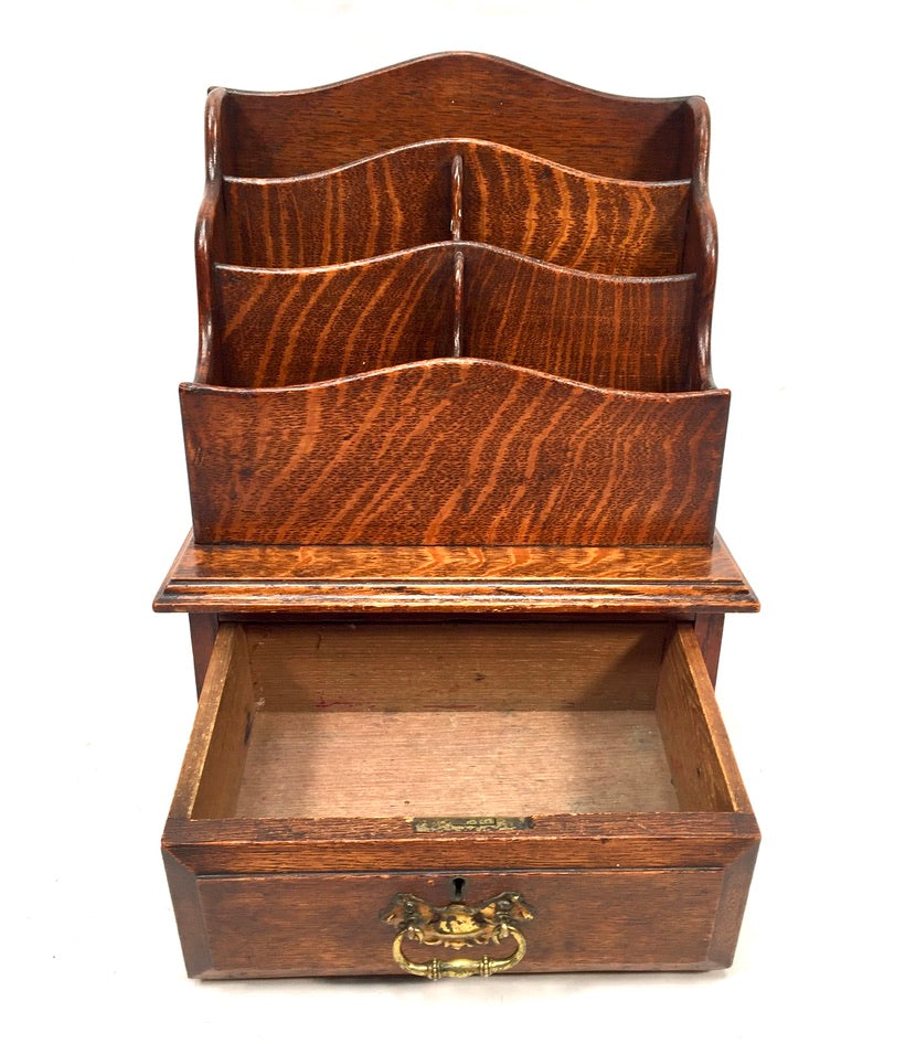 Antique Edwardian Wooden Oak Desk Organiser Letter Rack and Storage Drawer c1900