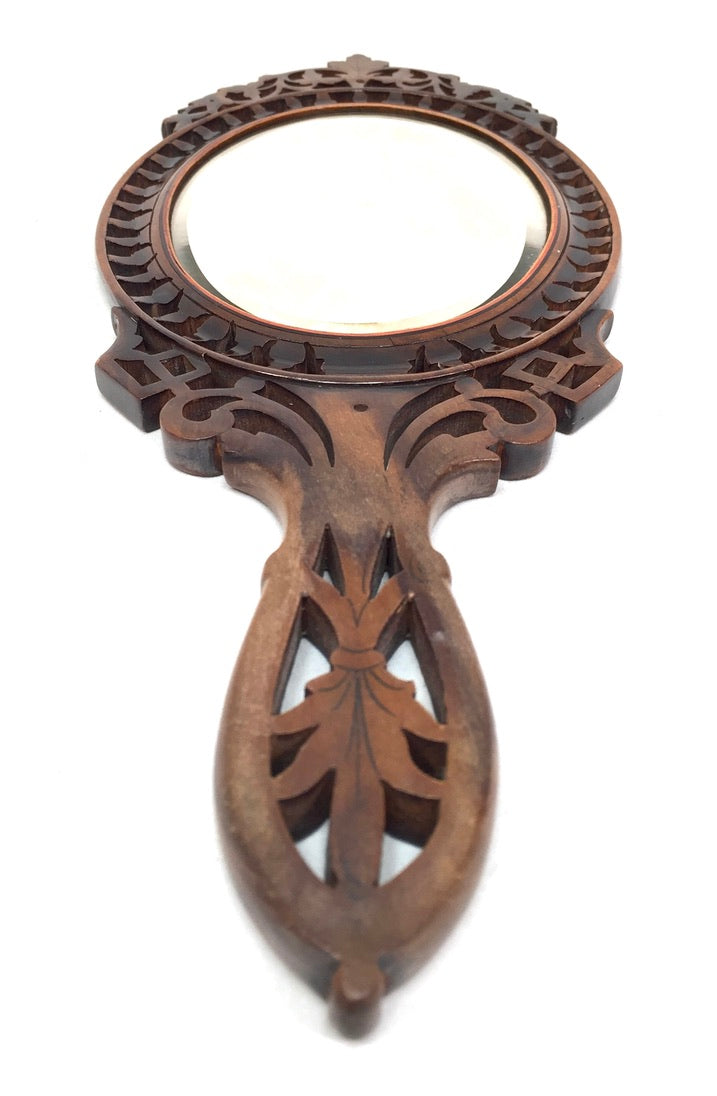 Antique Olive Wood Sorrento Ware Hand Held Mirror / Travel Mirror Italy c.1900