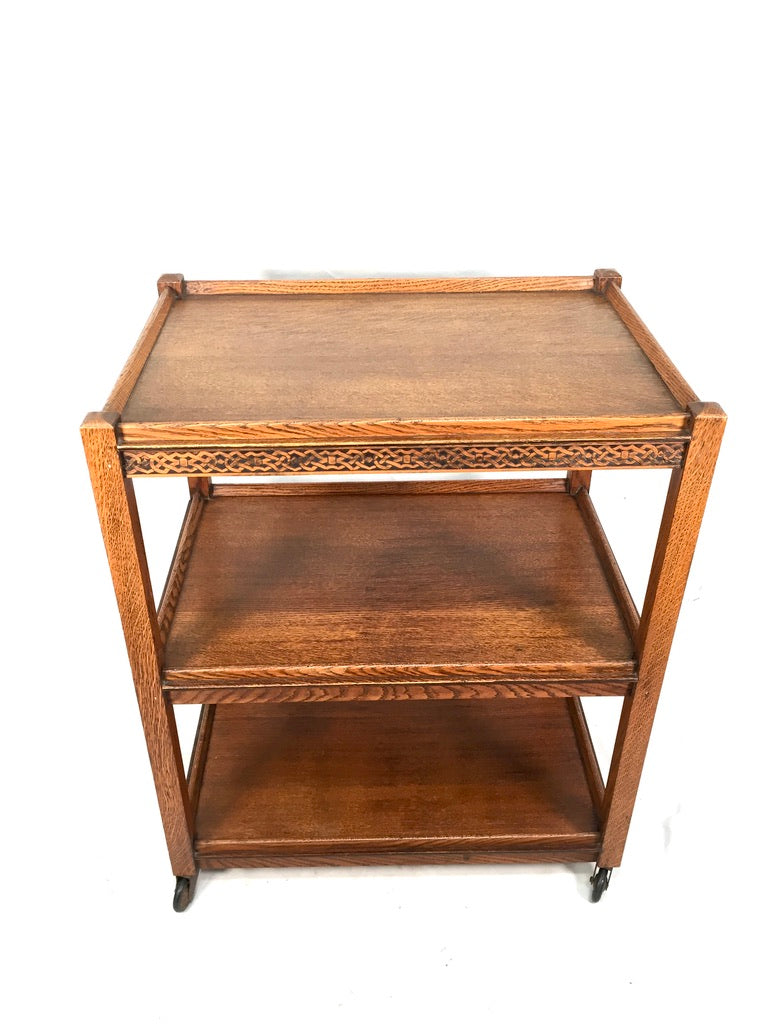 Antique Arts & Crafts Wooden Oak Tea Trolley / Bar Cart Side Table c.1930