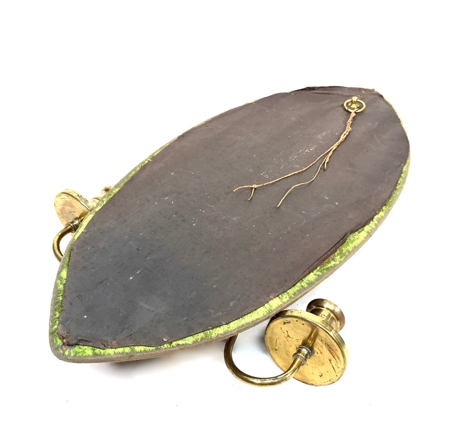 Antique Brass & Fabric Wall Mounted Mirror / Double Candle Holder Sconce c.1900